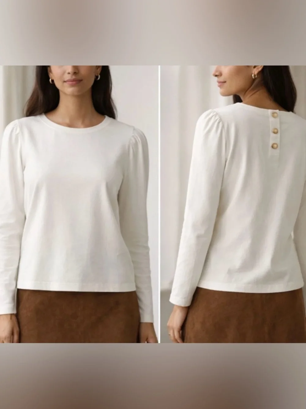 J. Crew Womens XL Puff Sleeve Button Back Top Ivory Cotton Long Sleeve Blouse